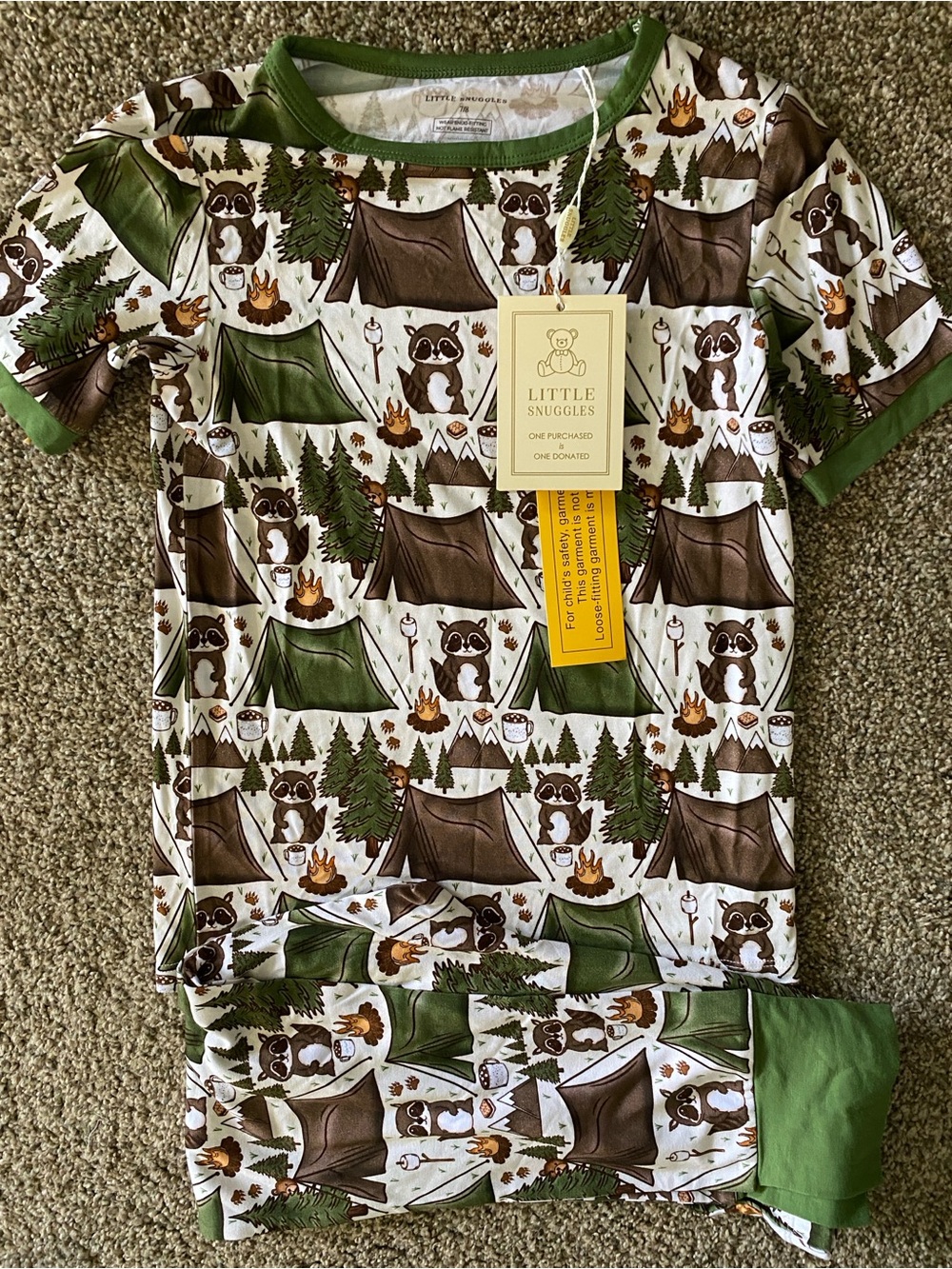 Little Snuggles Kids Green & Brown Camping Raccoon Pajama Set Bamboo 7/8 NWT
